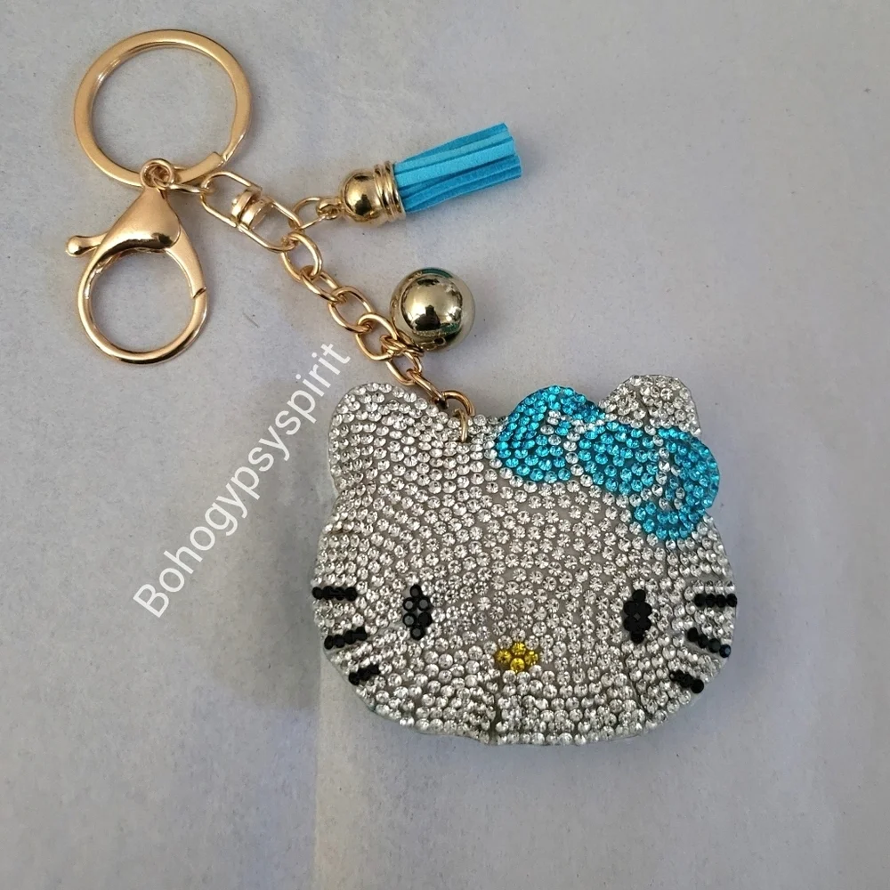 Hello Kitty Blue Bow Crystal Rhinestone Keychain Bag Charm With Tassel